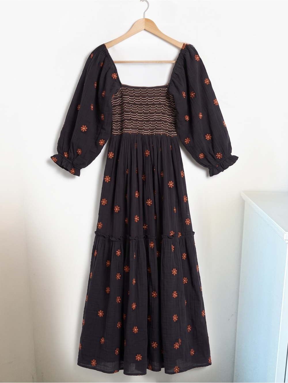 Free People Dahlia Embroidered Maxi Dress Black Rust Floral Smocked Size S